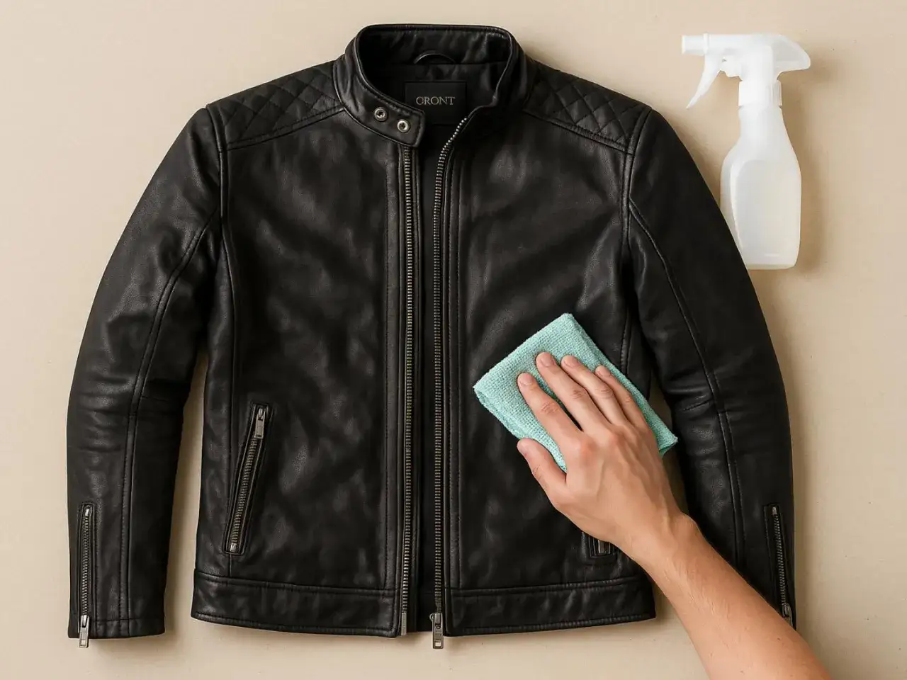 Schwarze Lederjacke wird mit einem Tuch und Spr&uuml;hflasche gereinigt. So pflegen Sie Ihre Wildlederjacke.