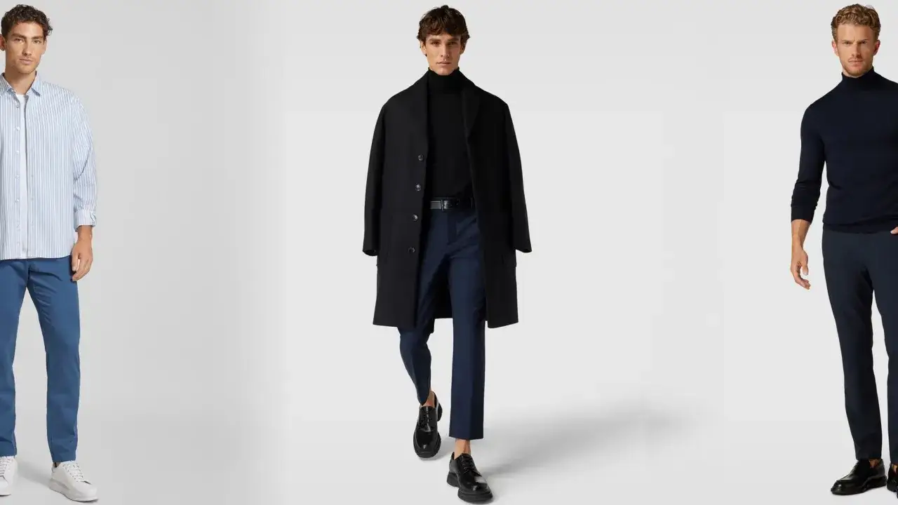Herren-Outfits: Hellblau gestreifte Hemden und dunkelblaue Hosen kombinieren, schwarzer Rollkragenpullover mit Mantel und dunkelblauer Hose, dunkelblauer Rollkragenpullover mit Hose.