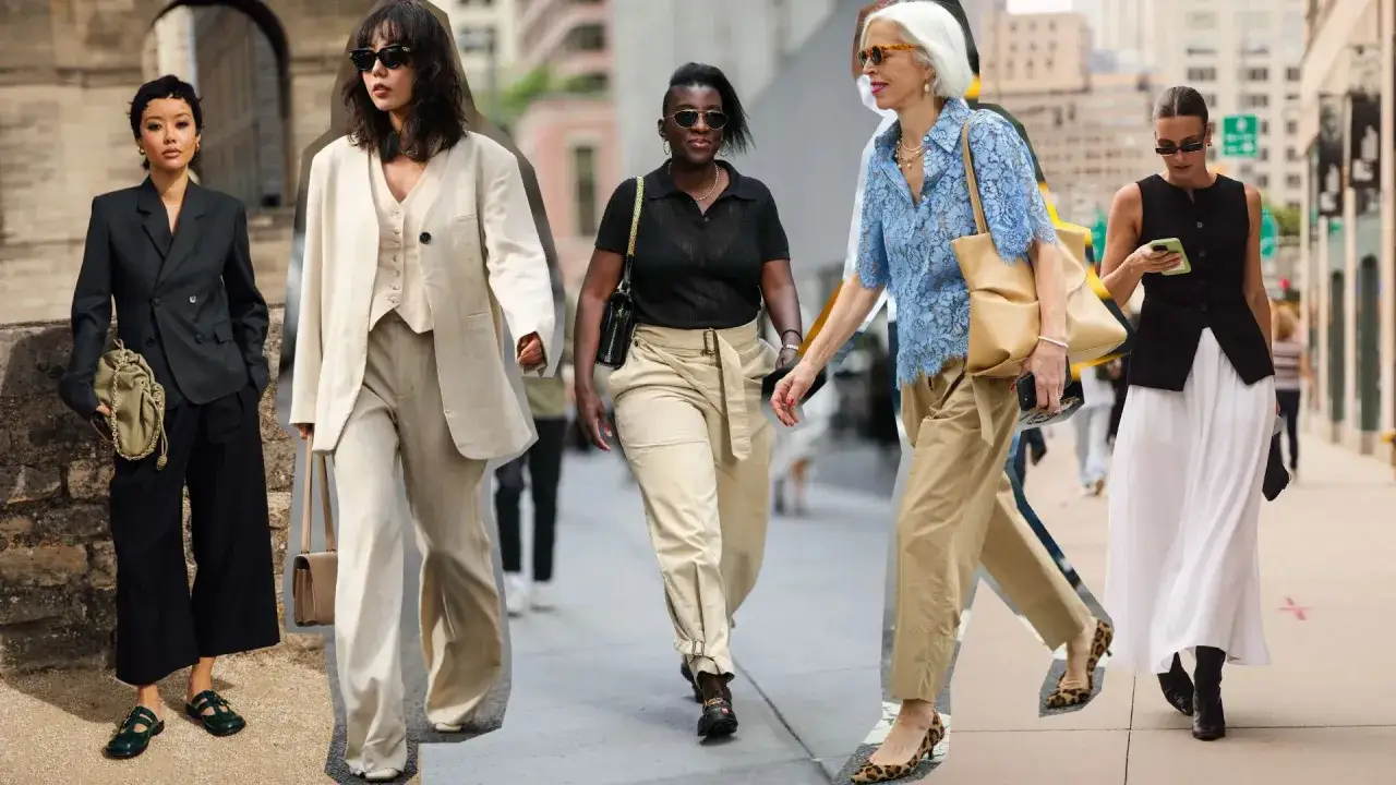 Fünf Frauen präsentieren stilvolle Outfits im business casual Look: von eleganten Anzügen bis zu lässigen Hosenkombinationen.