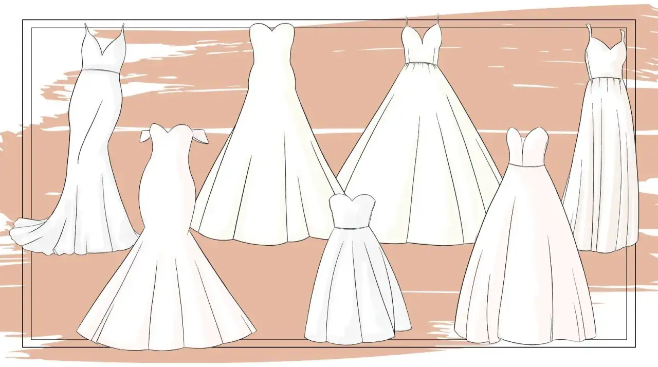 Verschiedene Brautkleid Schnitte: Meerjungfrau, A-Linie, Ballkleid und mehr. Eine Auswahl an eleganten Silhouetten f&uuml;r den gro&szlig;en Tag.