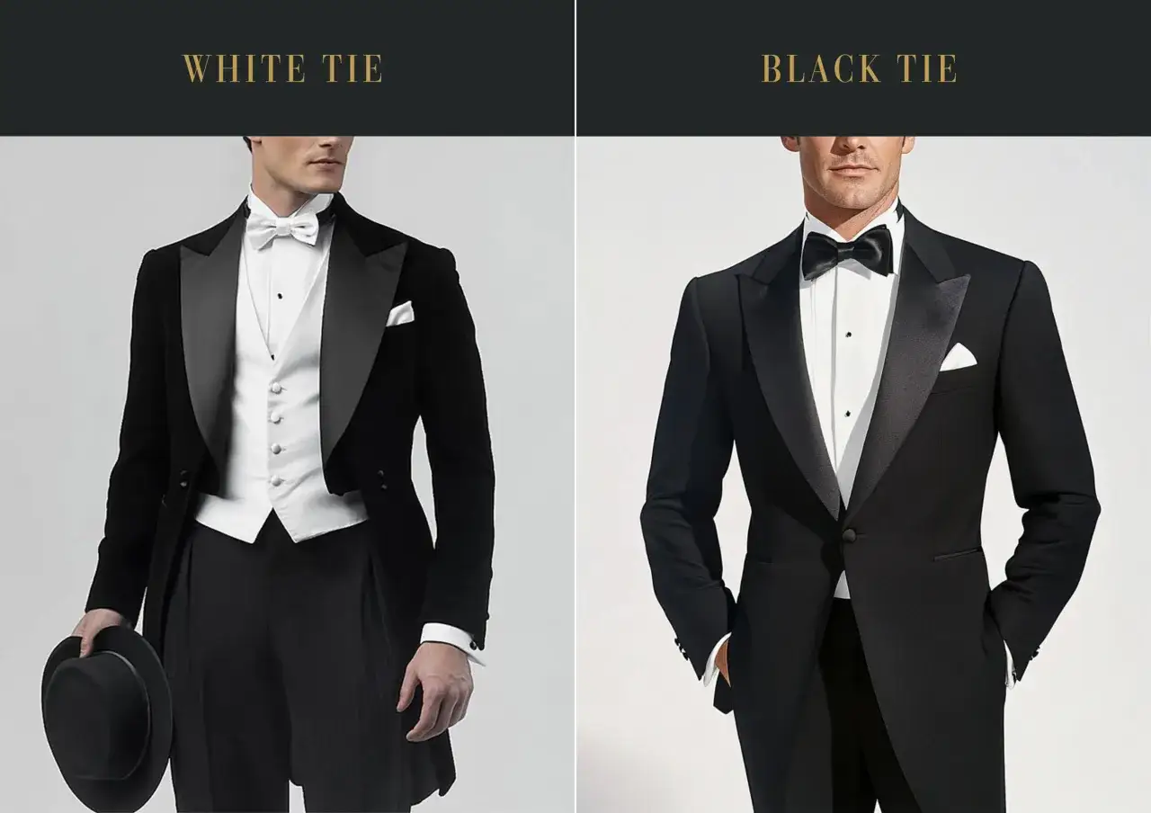 Zwei Männer in eleganten Anzügen. Links ein Frack mit weißer Weste und Fliege, rechts ein Smoking mit schwarzer Fliege. Beide Outfits sind perfekt für einen Anlass mit