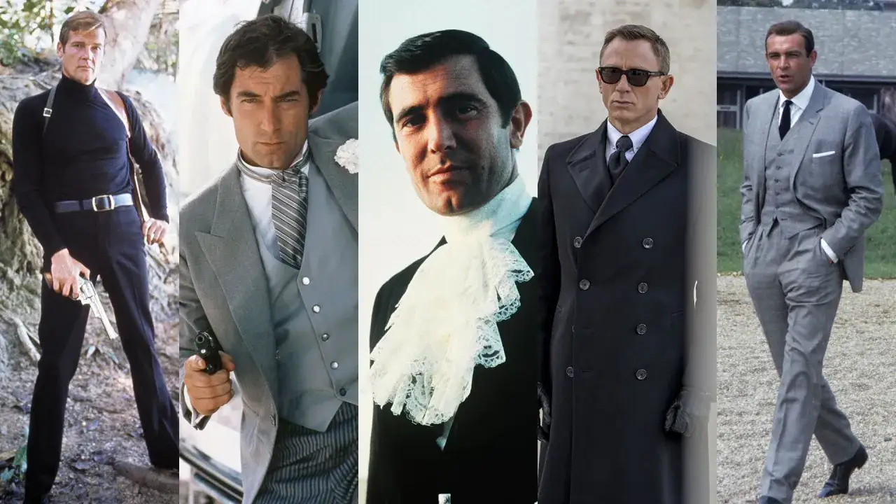 Fünf ikonische James Bond Outfits: von lässig bis elegant, jeder Look ein Meisterwerk.
