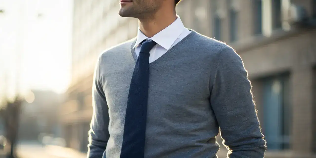 Mann trägt ein weißes Hemd, eine dunkelblaue Krawatte und einen grauen Pullover.