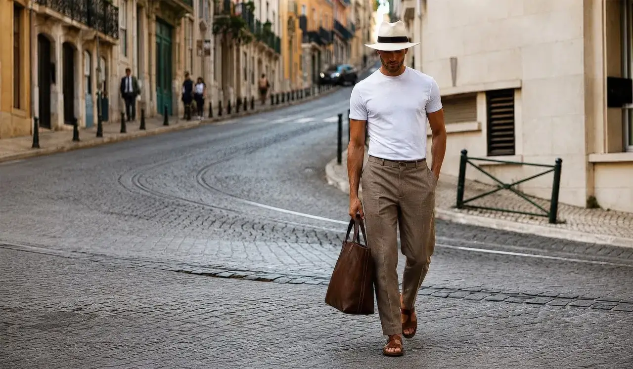 Mann im smart casual Herren Sommer Look mit wei&szlig;em T-Shirt, beiger Hose und Hut, geht durch eine europ&auml;ische Stadt.