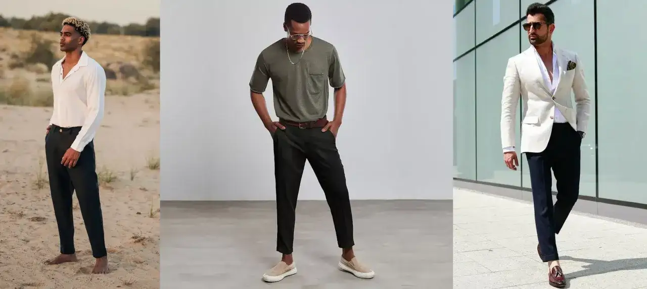 Herren Hosen mit Umschlag sind noch modern. Drei Männer präsentieren lässige und schicke Outfits mit dieser Hose.