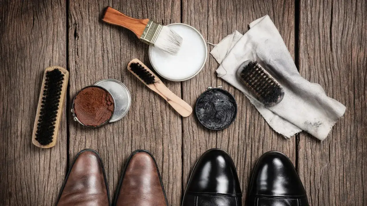 Zwei Paar elegante Schuhe, braune Lederschuhe pflegen mit Bürsten und Schuhcreme auf Holzhintergrund.