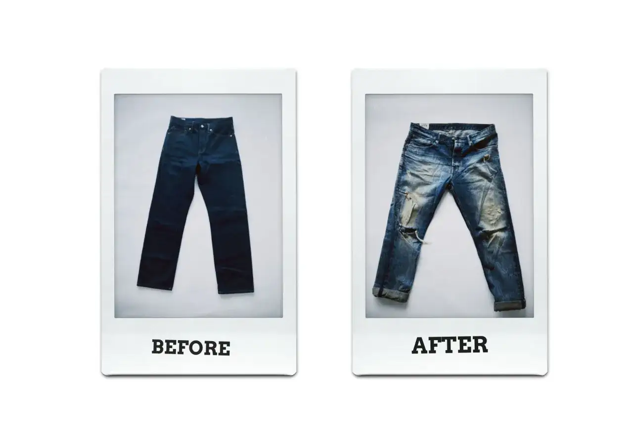Vorher: dunkle Jeans. Nachher: abgetragene, zerrissene Jeans. Das Ergebnis von intensivem Gebrauch, nicht von Jeans Waschmittel.