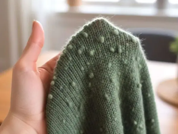 Grüner wollpullover fusselt leicht, mit kleinen Noppenmuster. Eine Hand hält den Stoff.